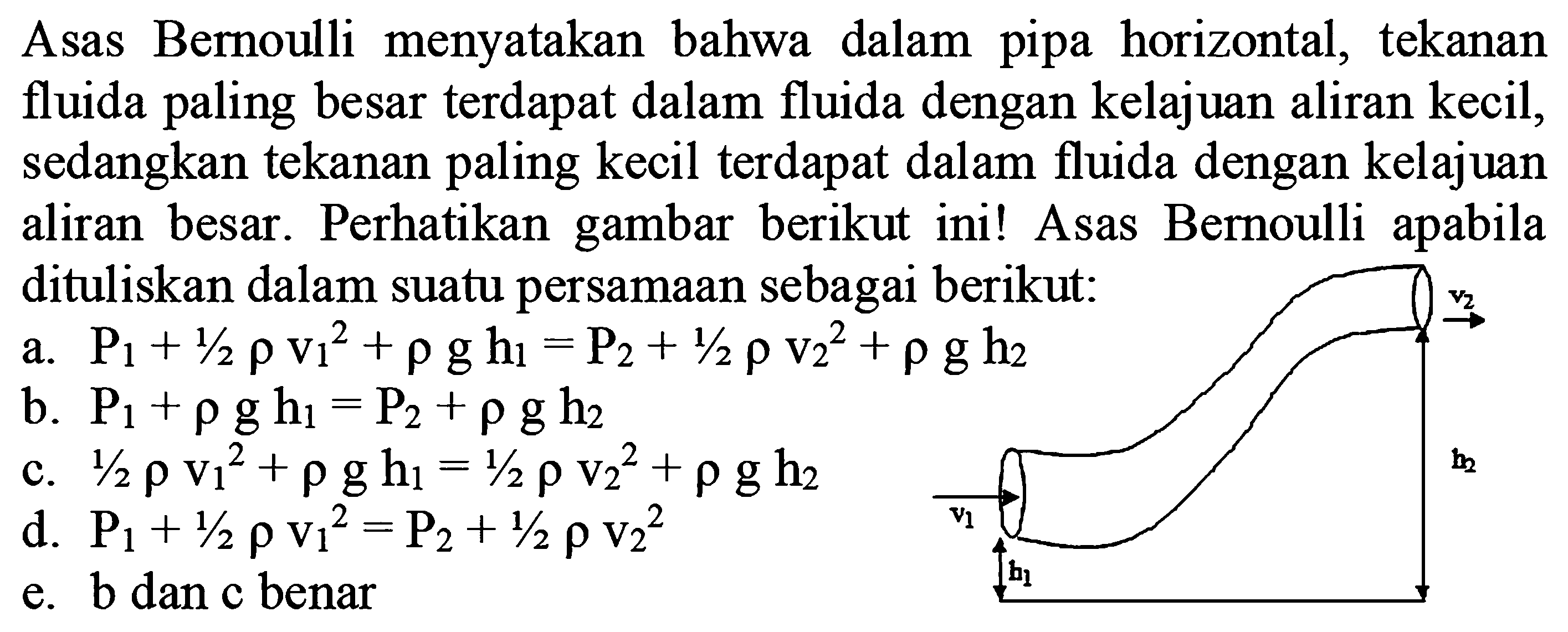 Asas Bernoulli menyatakan bahwa dalam pipa horizontal, tekanan fluida paling besar terdapat dalam fluida dengan kelajuan aliran kecil, sedangkan tekanan paling kecil terdapat dalam fluida dengan kelajuan aliran besar. Perhatikan gambar berikut ini! Asas Bernoulli apabila dituliskan dalam suatu persamaan sebagai berikut:
v2
v1 b2
b1