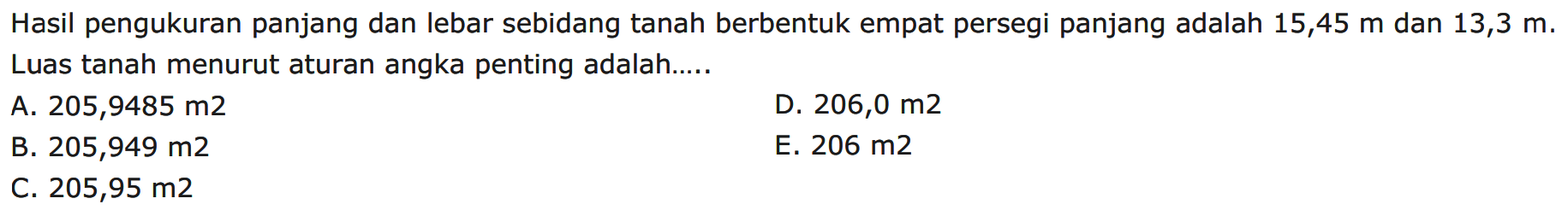 Hasil pengukuran panjang dan lebar sebidang tanah berbentuk empat persegi panjang adalah 15,45 m dan 13,3 m. Luas tanah menurut aturan angka penting adalah...