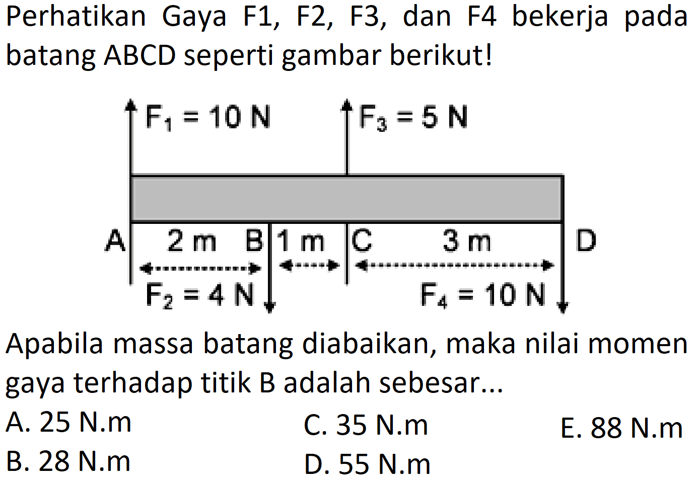 Perhatikan Gaya F1, F2, F3, dan F4 bekerja pada batang ABCD seperti gambar berikut!Apabila massa batang diabaikan, maka nilai momen gaya terhadap titik  B  adalah sebesar... F1= 10 N 2 m F2= 4 N 1 m B C F3= 5 N 3 m F4= 10 N D