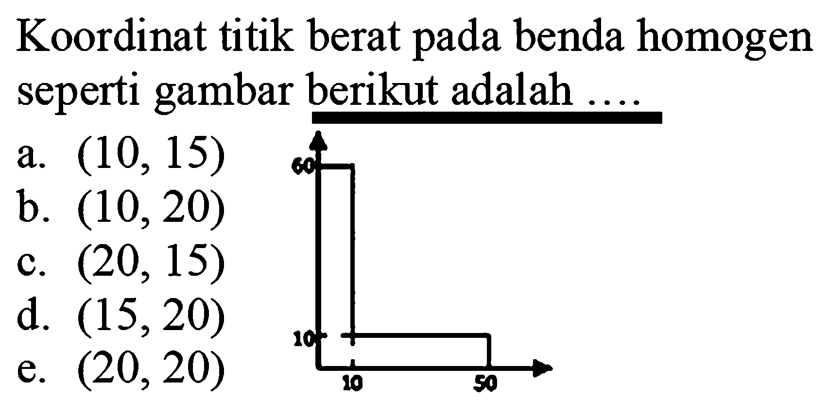 Koordinat titik berat pada benda homogen seperti gambar berikut adalah .... 60 10 10 50 