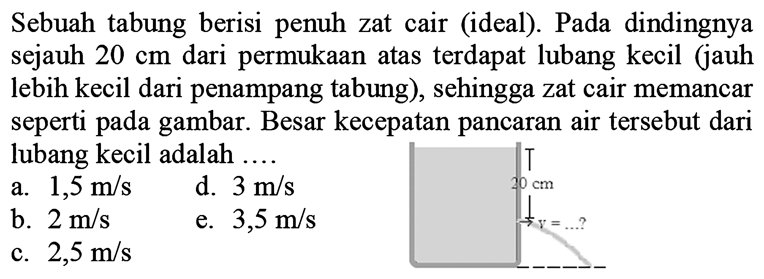 Sebuah tabung berisi penuh zat cair (ideal). Pada dindingnya sejauh  20 cm  dari permukaan atas terdapat lubang kecil (jauh lebih kecil dari penampang tabung), sehingga zat cair memancar seperti pada gambar. Besar kecepatan pancaran air tersebut dari lubang kecil adalah ....