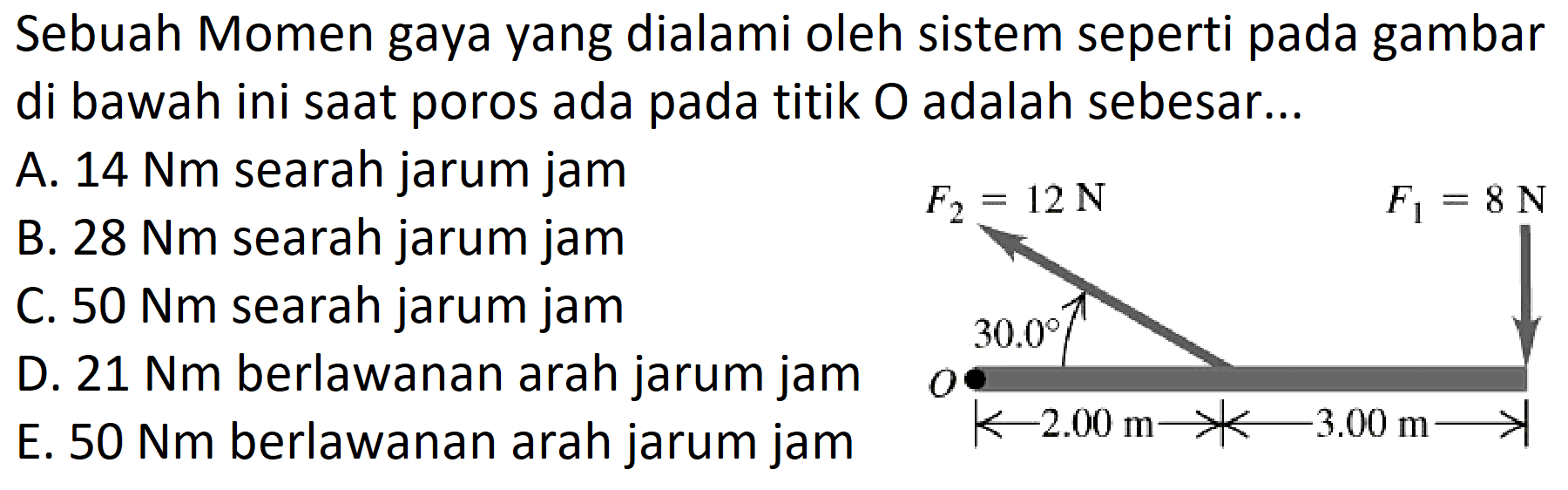 Sebuah Momen gaya yang dialami oleh sistem seperti pada gambar di bawah ini saat poros ada pada titik  O  adalah sebesar...