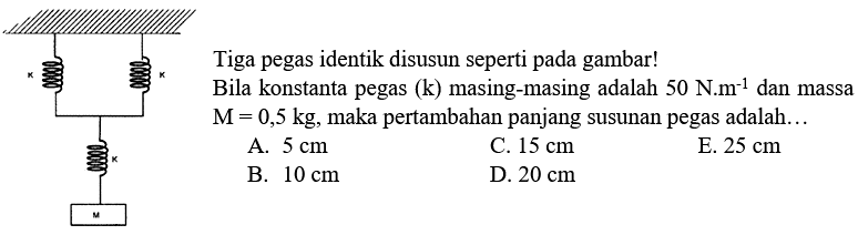 Tiga pegas identik disusun seperti pada gambar! Bila konstanta pegas (k) masing-masing adalah 50 N . m^(-1) dan massa M=0,5 kg, maka pertambahan panjang susunan pegas adalah...