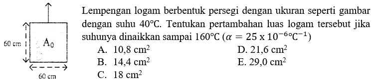 Lempengan logam berbentuk persegi dengan ukuran seperti gambar dengan suhu 40 C. Tentukan pertambahan luas logam tersebut jika suhunya dinaikkan sampai 160 C (alpha= 25 x10^(-6) C^(-1)) 60 cm A0 60 cm 