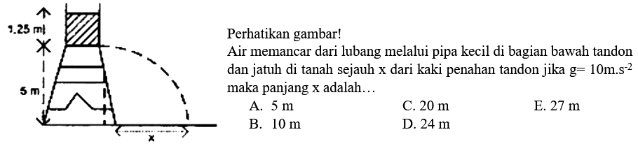 Perhatikan gambar!1,25 m 5 m xAir memancar dari lubang melalui pipa kecil di bagian bawah tandon dan jatuh di tanah sejauh x dari kaki penahan tandon jika g=10 m.s^(-2) maka panjang x adalah...A. 5 m C. 20 m B. 10 m D. 24 m E. 27 m