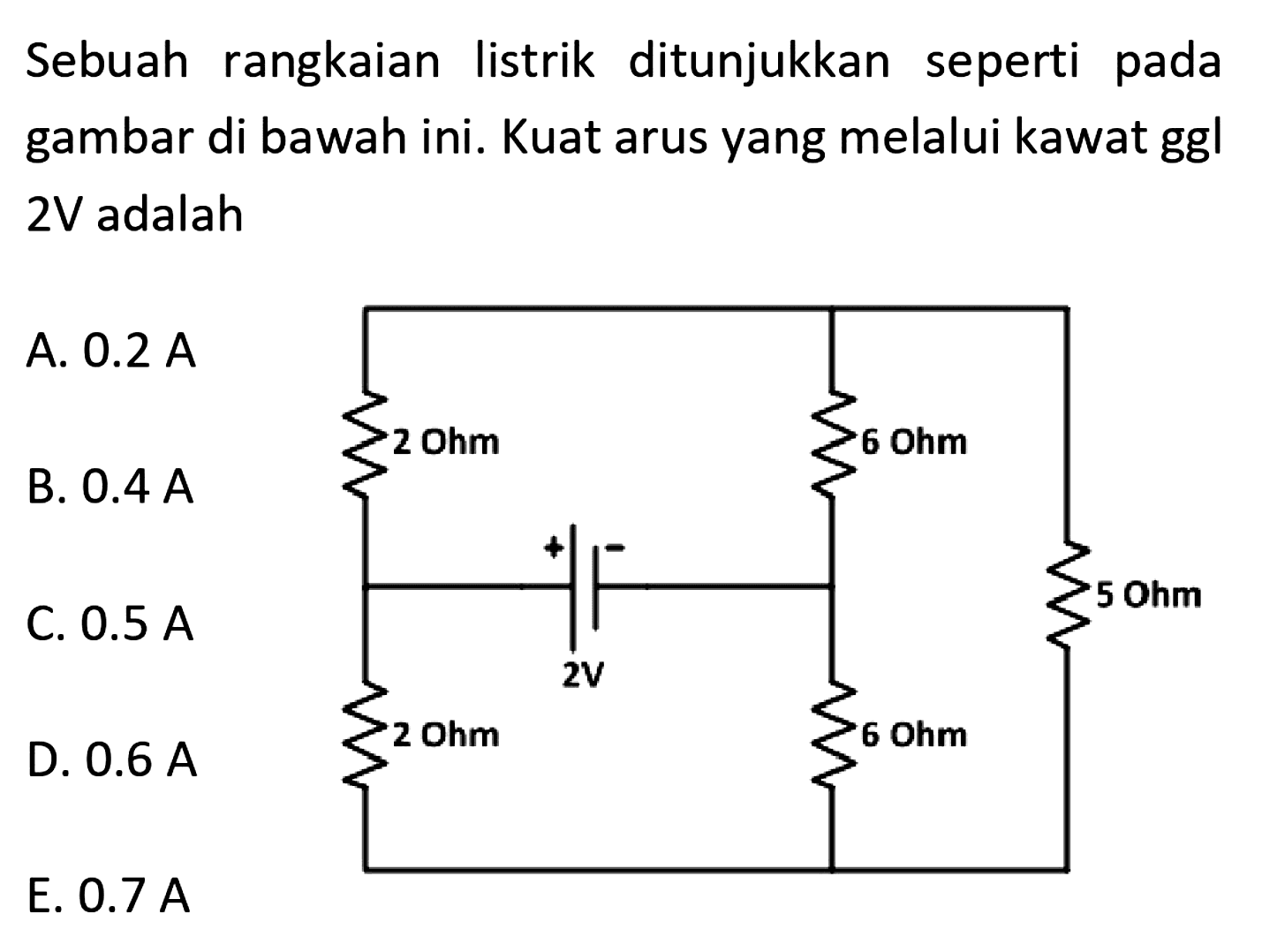 Sebuah rangkaian listrik ditunjukkan seperti pada gambar di bawah ini. Kuat arus yang melalui kawat ggl 2 V adalah 1 Ohm 6 Ohm 5 Ohm + - 2V 2 Ohm 6 Ohm 