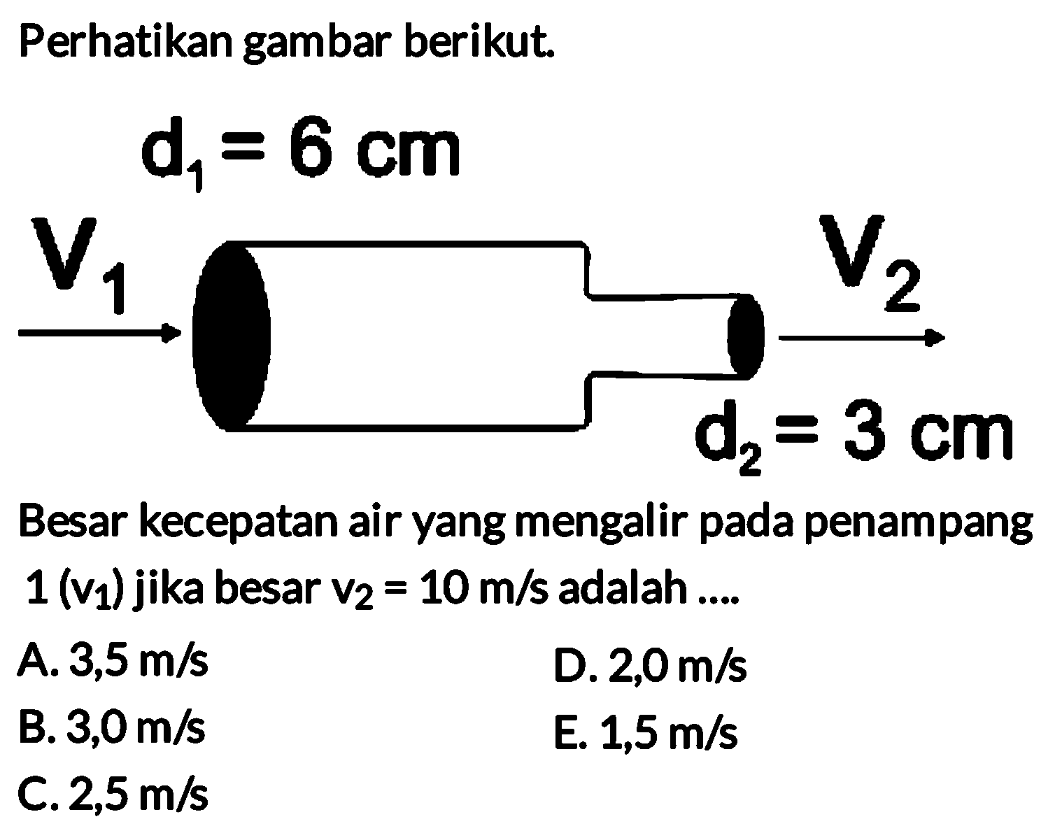 Perhatikan gambar berikut. Besar kecepatan air yang mengalir pada penampang 1 (v1) jika besar v2=10 m/s adalah .... V1 d1=6 cm V2 d2=3 cm 