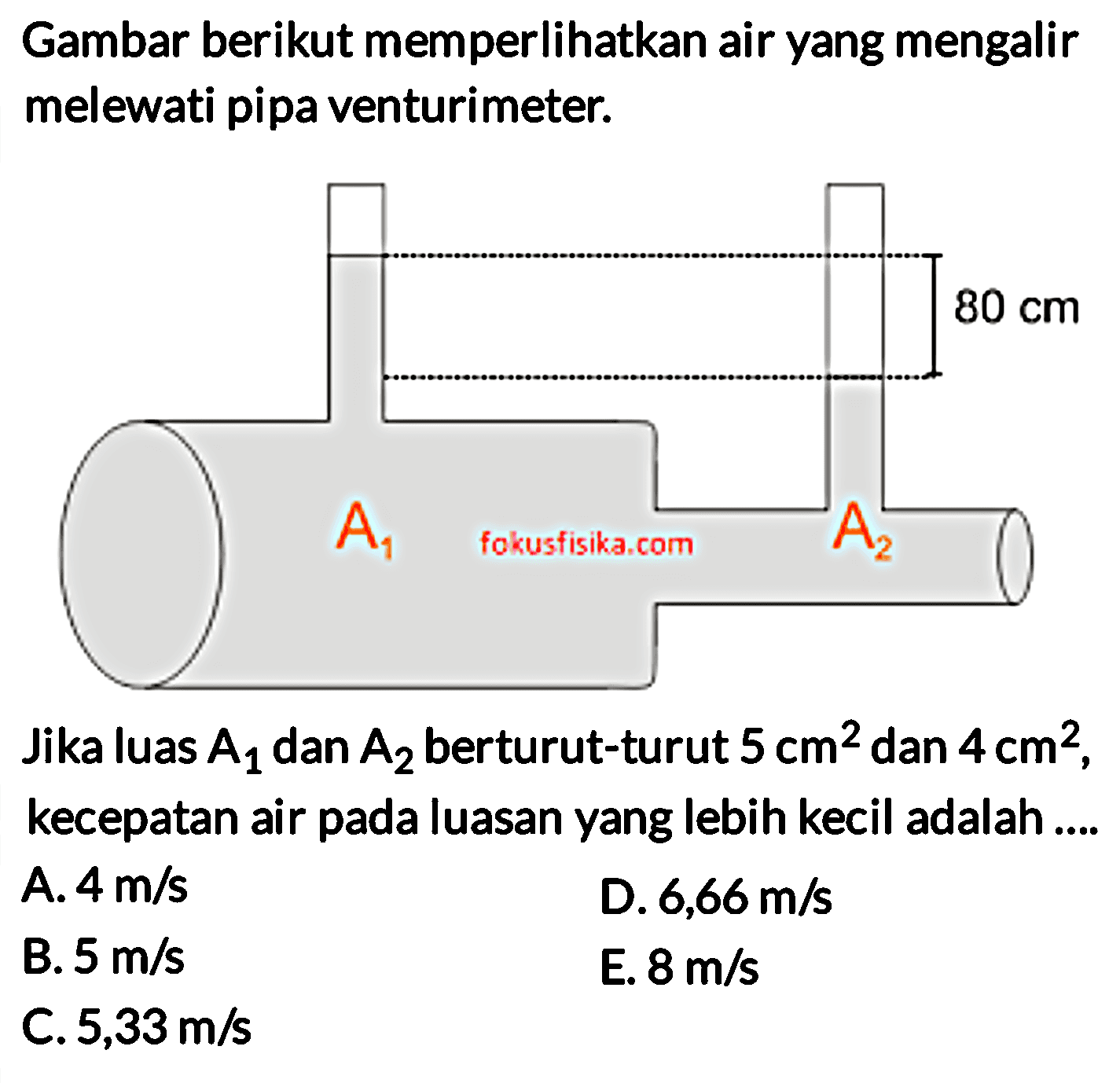 Gambar berikut memperlikan air yang mengalir melewati pipa venturimeter. 80 cm A1 A2 Jika luas A1 dan A2 berturut-turut 5 cm^2 dan 4 cm^2, kecepatan air pada luasan yang lebih kecil adalah.... 