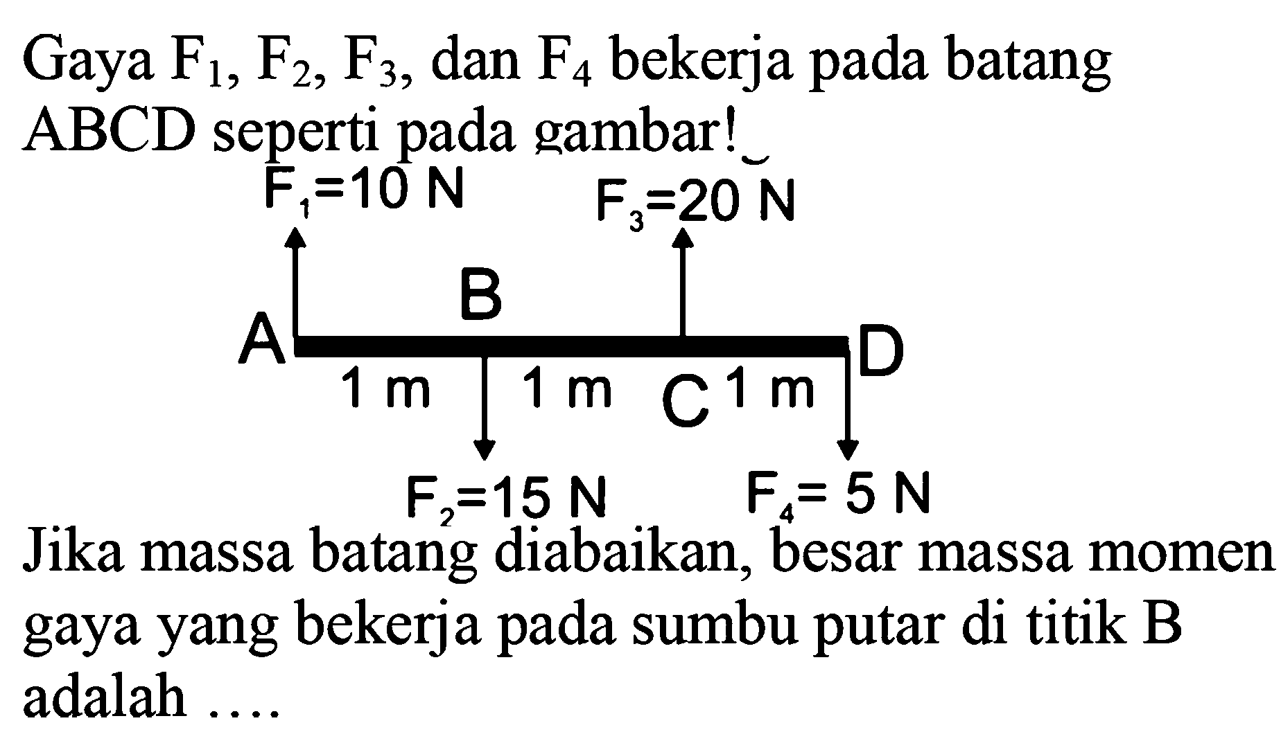 Gaya F1, F2, F3, dan F4 bekerja pada batang ABCD seperti pada gambar! Jika massa batang diabaikan, besar massa momen gaya yang bekerja pada sumbu putar di titik B adalah .... A F1=10 N 1 m B F2=15 N 1 m F3=20 N C 1 m F4 = 5 N D