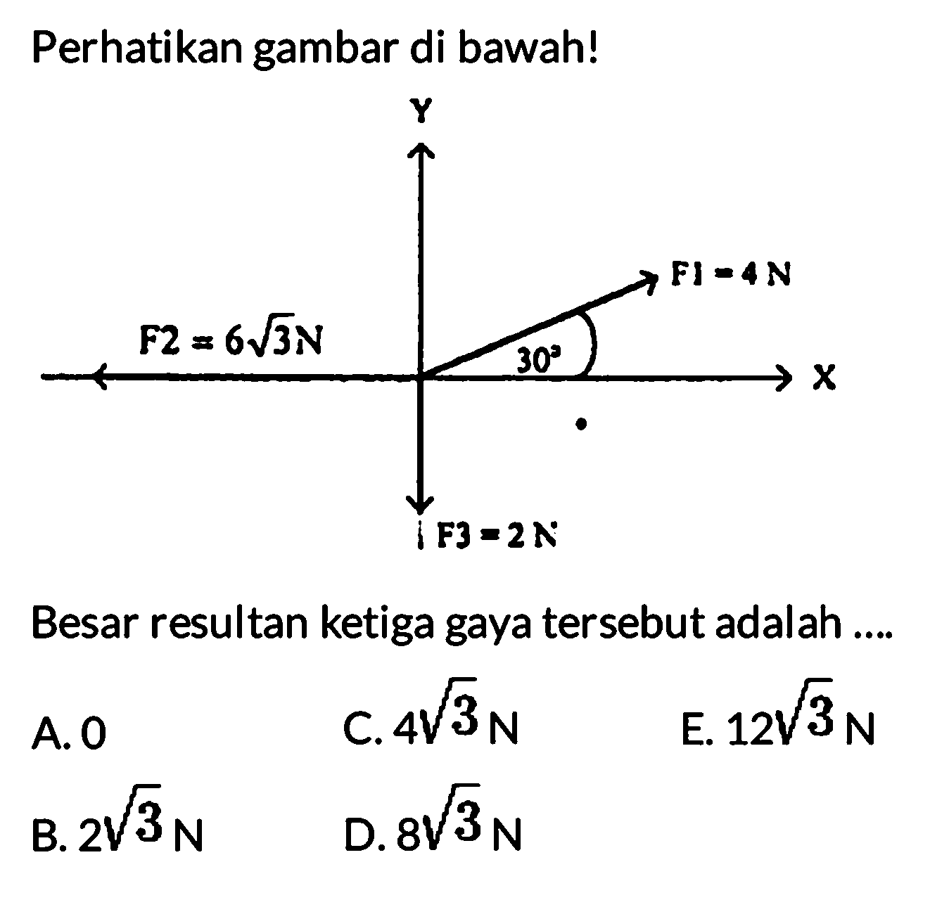 Perhatikan gambar di bawah!F2=6 akar(3) N 30 F1=4 N F3=2 N Besar resultan ketiga gaya tersebut adalah.... A. 0 C. 4 akar(3) N E. 12 akar(3) N B. 2 akar(3) N D. 8 akar(3) N