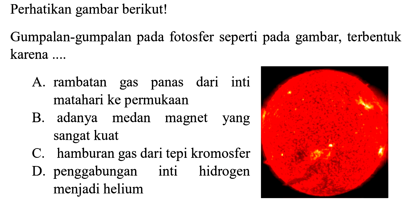 Perhatikan gambar berikut!
matahari
Gumpalan-gumpalan pada fotosfer seperti pada gambar, terbentuk karena ....
