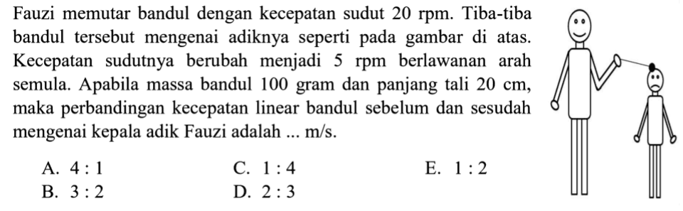 Fauzi memutar bandul dengan kecepatan sudut 20 rpm. Tiba-tiba bandul tersebut mengenai adiknya seperti pada gambar di atas. Kecepatan sudutnya berubah menjadi 5 rpm berlawanan arah semula. Apabila massa bandul 100 gram dan panjang tali 20 cm, maka perbandingan kecepatan linear bandul sebelum dan sesudah mengenai kepala adik Fauzi adalah ... m/s.