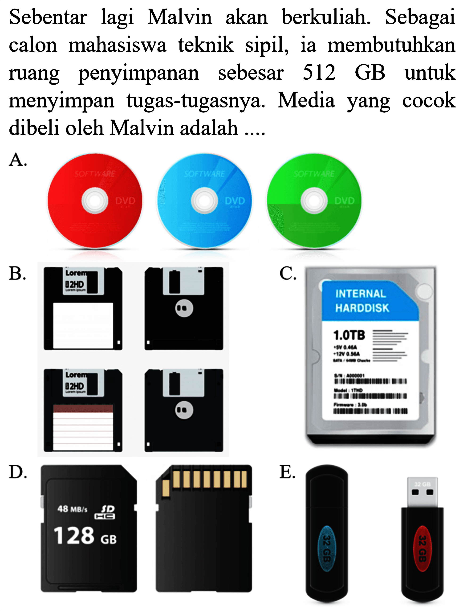 Sebentar lagi Malvin akan berkuliah. Sebagai calon mahasiswa teknik sipil, ia membutuhkan ruang penyimpanan sebesar 512 GB untuk menyimpan tugas-tugasnya. Media yang cocok dibeli oleh Malvin adalah ....