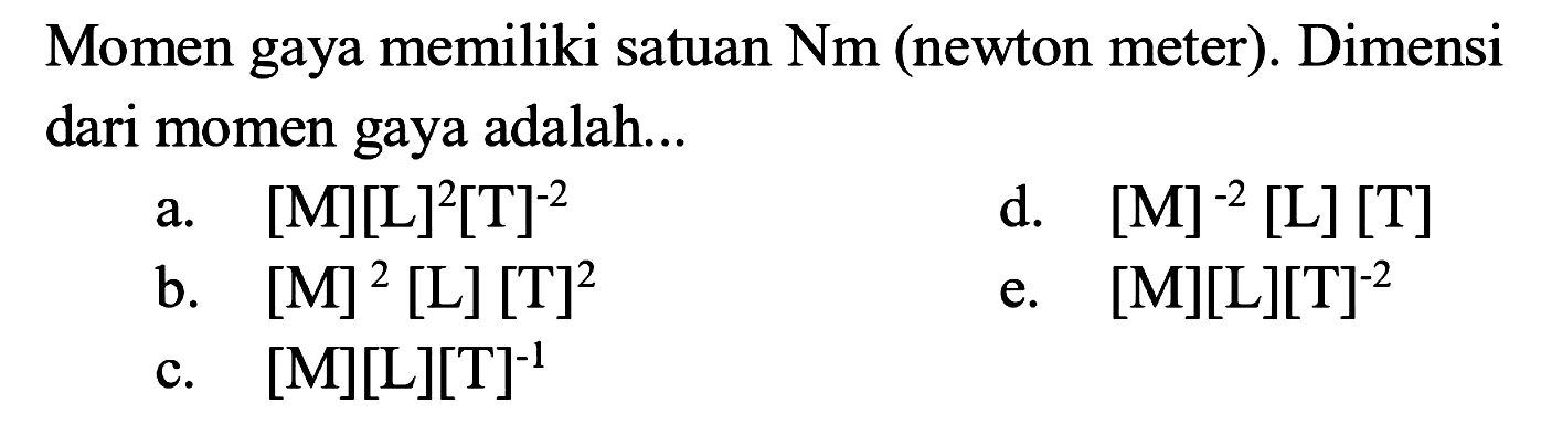 Momen gaya memiliki satuan Nm (newton meter). Dimensi dari momen gaya adalah...