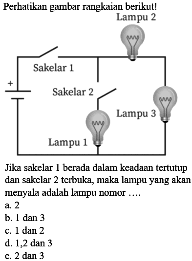 Perhatikan gambar rangkaian berikut! Lampu 2 Sakelar 1 + Sakelar 2 Lampu 3 Lampu 1 Jika sakelar 1 berada dalam keadaan tertutup dan sakelar 2 terbuka, maka lampu yang akan menyala adalah lampu nomor .... 