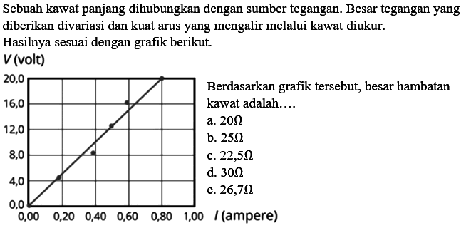 Sebuah kawat panjang dihubungkan dengan sumber tegangan. Besar tegangan yang diberikan divariasi dan kuat arus yang mengalir melalui kawat diukur. Hasilnya sesuai dengan grafik berikut. V (volt) Berdasarkan grafik tersebut, besar hambatan kawat adalah.... 20,0 16,0 12,0 8,0 4,0 0,0 0,00 0,20 0,40 0,60 0,80 1,00 I (ampere) 