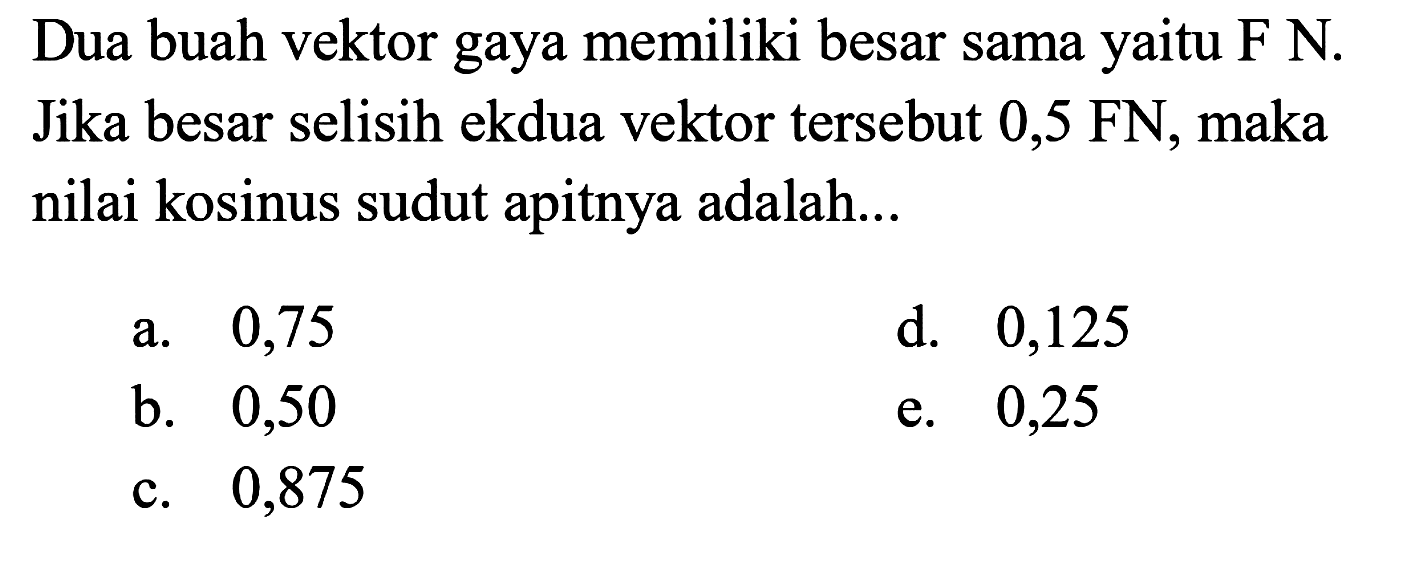 Dua buah vektor gaya memiliki besar sama yaitu F N. Jika besar selisih kedua vektor tersebut 0,5 FN, maka nilai kosinus sudut apitnya adalah...