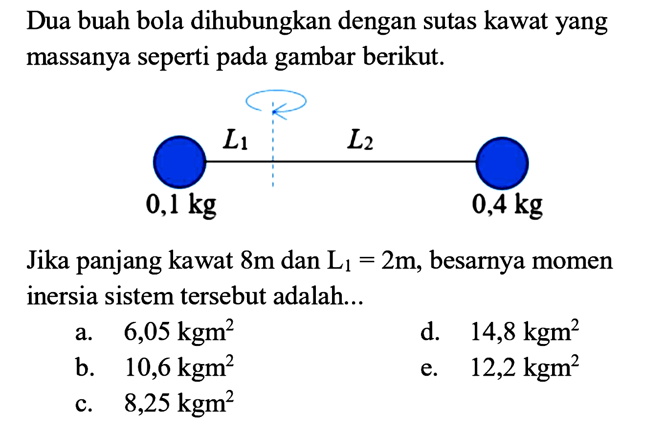 Dua buah bola dihubungkan dengan sutas kawat yang massanya seperti pada gambar berikut. L1 L2 0,1 kg 0,4 kgJika panjang kawat  8 m  dan  L1=2 m , besarnya momen inersia sistem tersebut adalah... a.  6,05 kgm^2 d.  14,8 kgm^2  b.  10,6 kgm^2 e.  12,2 kgm^2 c.  8,25 kgm^2 