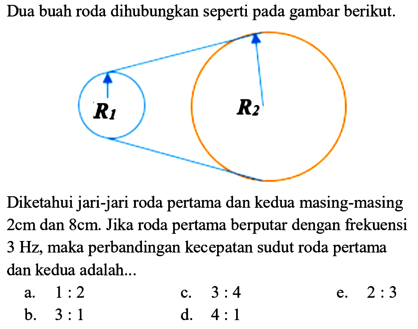 Dua buah roda dihubungkan seperti pada gambar berikut. R1 R2 Diketahui jari-jari roda pertama dan kedua masing-masing 2 cm dan 8 cm. Jika roda pertama berputar dengan frekuensi 3 Hz, maka perbandingan kecepatan sudut roda pertama dan kedua adalah ...