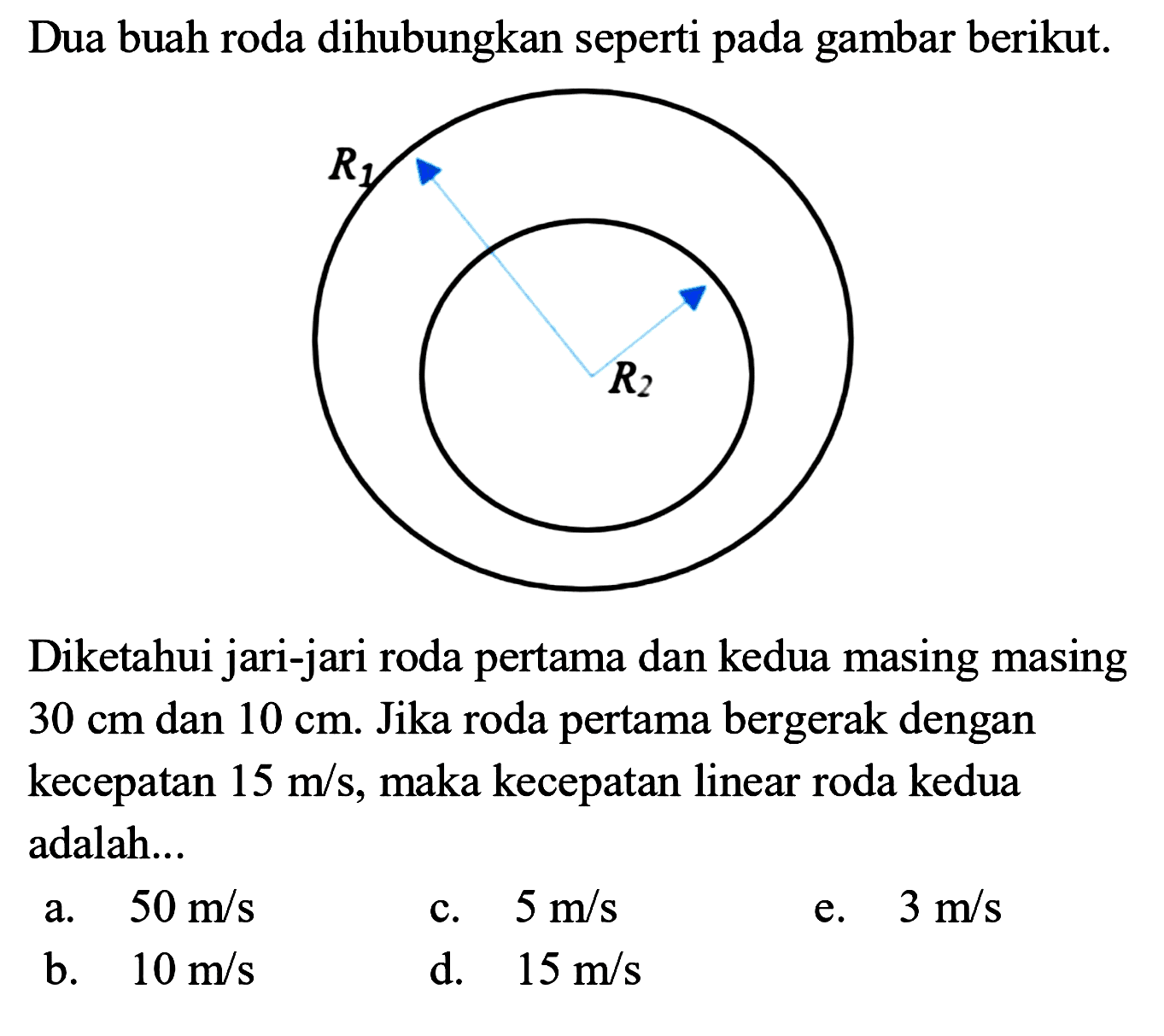 Dua buah roda dihubungkan seperti pada gambar berikut. R1 R2 Diketahui jari-jari roda pertama dan kedua masing masing 30 cm dan 10 cm. Jika roda pertama bergerak dengan kecepatan 15 m/s, maka kecepatan linear roda kedua adalah... 