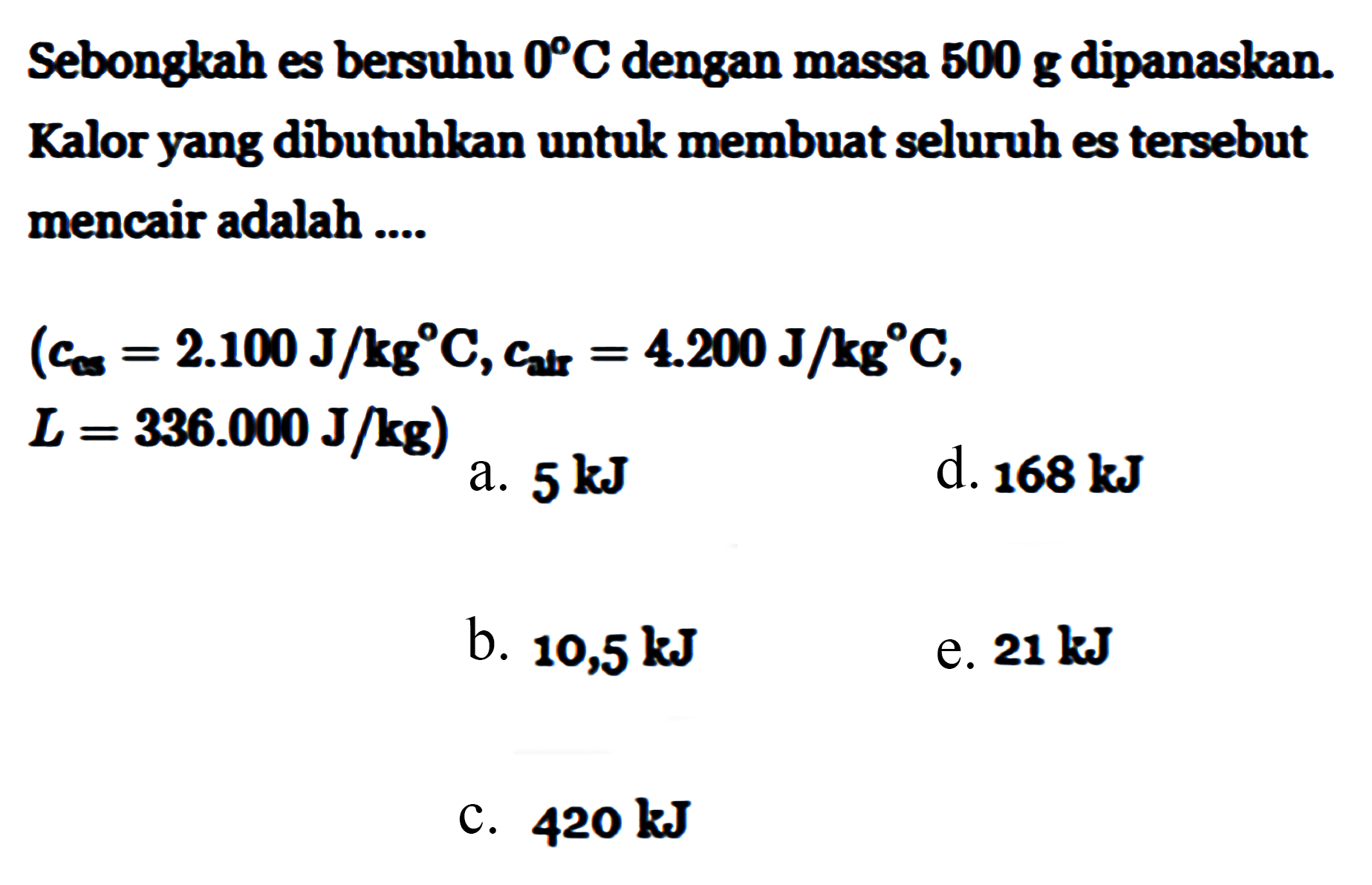 Sebongkah es bersuhu  0 C  dengan massa  500 g  dipanaskan. Kalor yang dibutuhkan untuk membuat seluruh es tersebut mencair adalah .... ( s=2.100 J/kg C, calt=4.200 J/kg C,. ,  L=336.000 J/kg) 