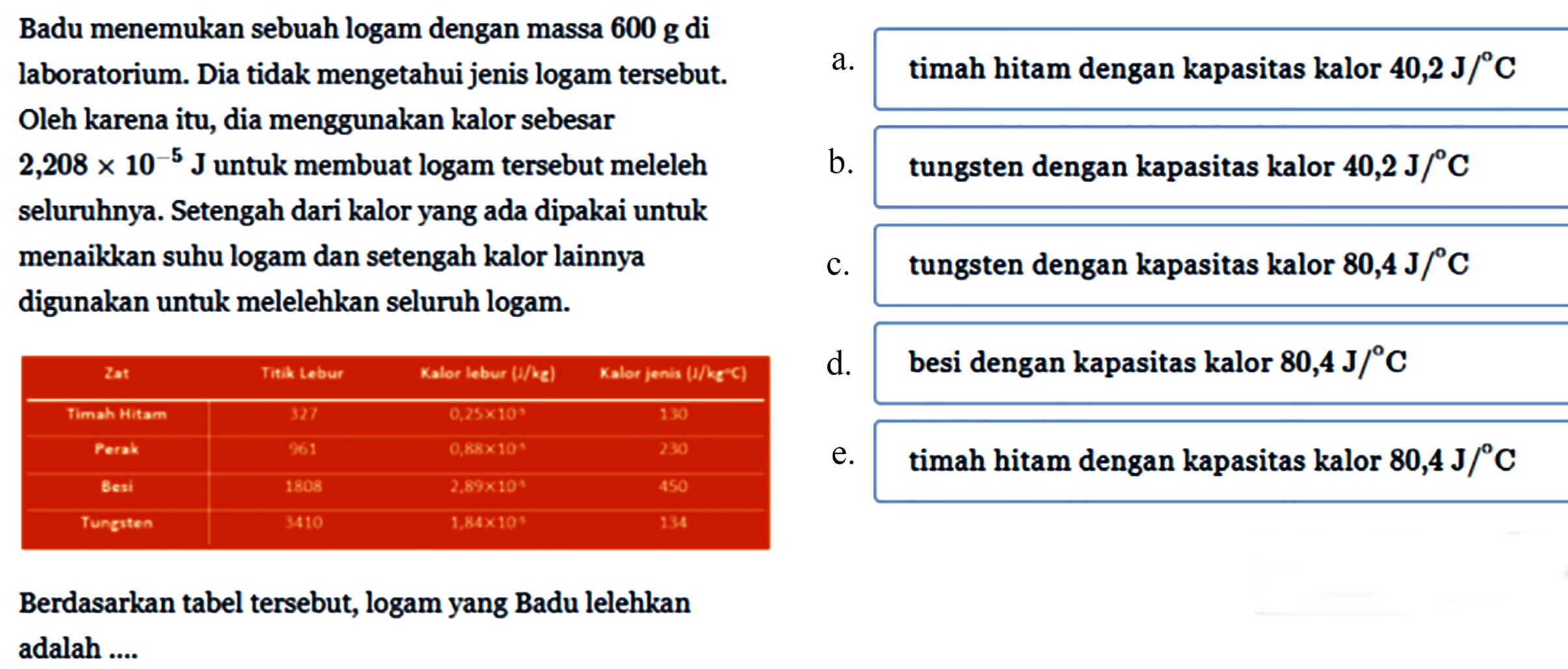 Badu menemukan sebuah logam dengan massa 600 g di laboratorium. Dia tidak mengetahui jenis logam tersebut. Oleh karena itu, dia menggunakan kalor sebesar 2,208 x 10^(-5) J untuk membuat logam tersebut meleleh seluruhnya. Setengah dari kalor yang ada dipakai untuk menaikkan suhu logam dan setengah kalor lainnya digunakan untuk melelehkan seluruh logam

 Zat Titik Lebur Kalor lebur (J/kg) Kalor jenis (J/ kg-C) 
 Timah Hitam 327 0,25 x 10^2 130 
 Perak 961 0,88 x 10^(-1) 230 
 Besi 1808 2,89 x 10^3 450 
 Tungiten 3410 1,84 x 10^3 134 

Berdasarkan tabel tersebut, logam yang Badu lelehkan
adalah ....
a. timah hitam dengan kapasitas kalor 40,2 J/C 
b. tungsten dengan kapasitas kalor 40,2 J/C 
c. tungsten dengan kapasitas kalor 80,4 J/C
d. besi dengan kapasitas kalor 80,4J/C
e. timah hitam dengan kapasitas kalor 80,4 J/C 



