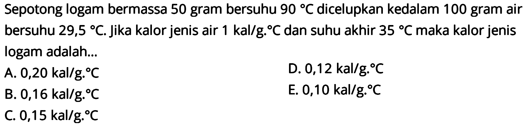 Sepotong logam bermassa 50 gram bersuhu  90C  dicelupkan kedalam 100 gram air bersuhu  29,5C . Jika kalor jenis air  1 kal/g.C  dan suhu akhir  35C  maka kalor jenis logam adalah...