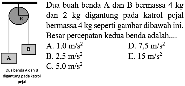 Dua buah benda A dan B bermassa  4 kg 
dan  2 kg  digantung pada katrol pejal
bermassa  4 kg  seperti gambar dibawah ini.
Besar percepatan kedua benda adalah....
 \begin{array}/{ll} { A. } 1,0 m / s^2 &  { D. } 7,5 m / s^2   { B. } 2,5 m / s^2 &  { E. } 15 m / s^2   { C. } 5,0 m / s^2 & \end{array} 