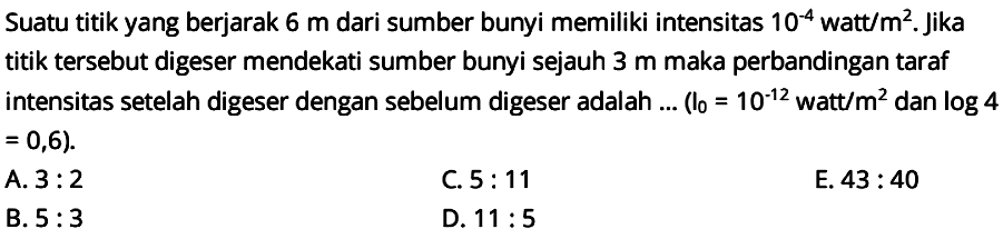 Suatu titik yang berjarak  6 m  dari sumber bunyi memiliki intensitas  10^(-4) watt / m^(2) . Jika titik tersebut digeser mendekati sumber bunyi sejauh 3 m maka perbandingan taraf intensitas setelah digeser dengan sebelum digeser adalah ... (  l_(0)=10^(-12) watt / m^(2) dan log 4   =0,6  ).
A.  3: 2 
C.  5: 11 
E.  43: 40 
B.  5: 3 
D.  11: 5 