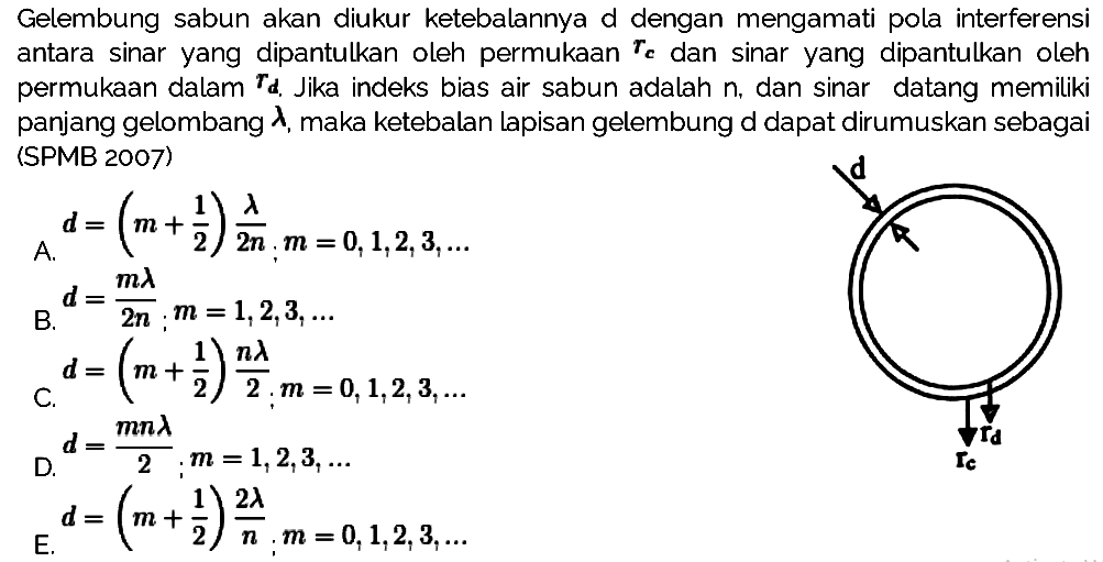 Gelembung sabun akan diukur ketebalannya d dengan mengamati pola interferensi antara sinar yang dipantulkan oleh permukaan  r_(c)  dan sinar yang dipantulkan oleh permukaan dalam  {r)_({d),) . Jika indeks bias air sabun adalah  n , dan sinar datang memiliki panjang gelombang  {lambda) , maka ketebalan lapisan gelembung d dapat dirumuskan sebagai (SPMB 2007)