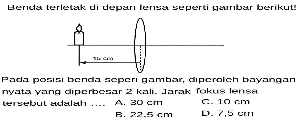 Benda terletak di depan lensa seperti gambar berikut!
Pada posisi benda seperi gambar, diperoleh bayangan nyata yang diperbesar 2 kali. Jarak fokus lensa tersebut adalah ... A.  30 cm 
C.  10 cm 
B.  22,5 cm 
D.  7,5 cm 