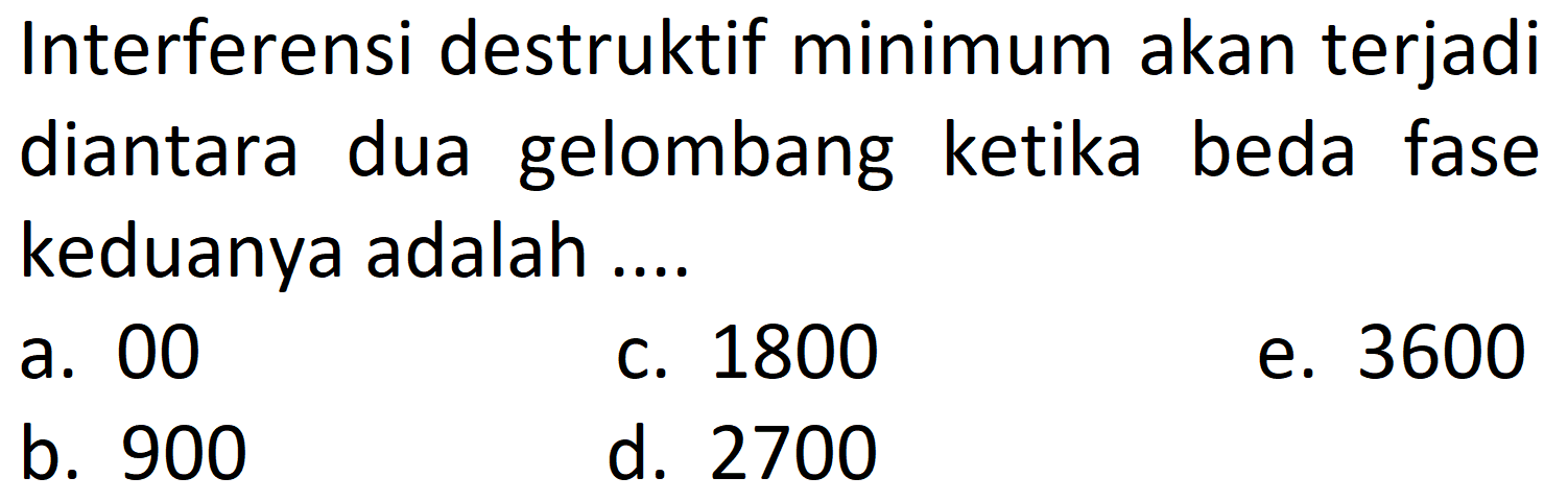 Interferensi destruktif minimum akan terjadi diantara dua gelombang ketika beda fase keduanya adalah ....
a. 00
C. 1800
e. 3600
b. 900
d. 2700