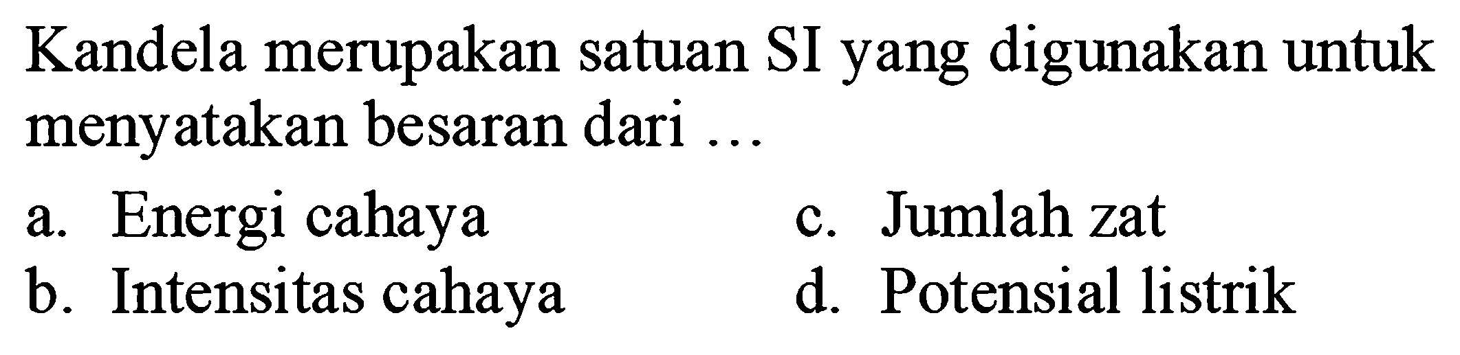 Kandela merupakan satuan SI yang digunakan untuk menyatakan besaran dari ...