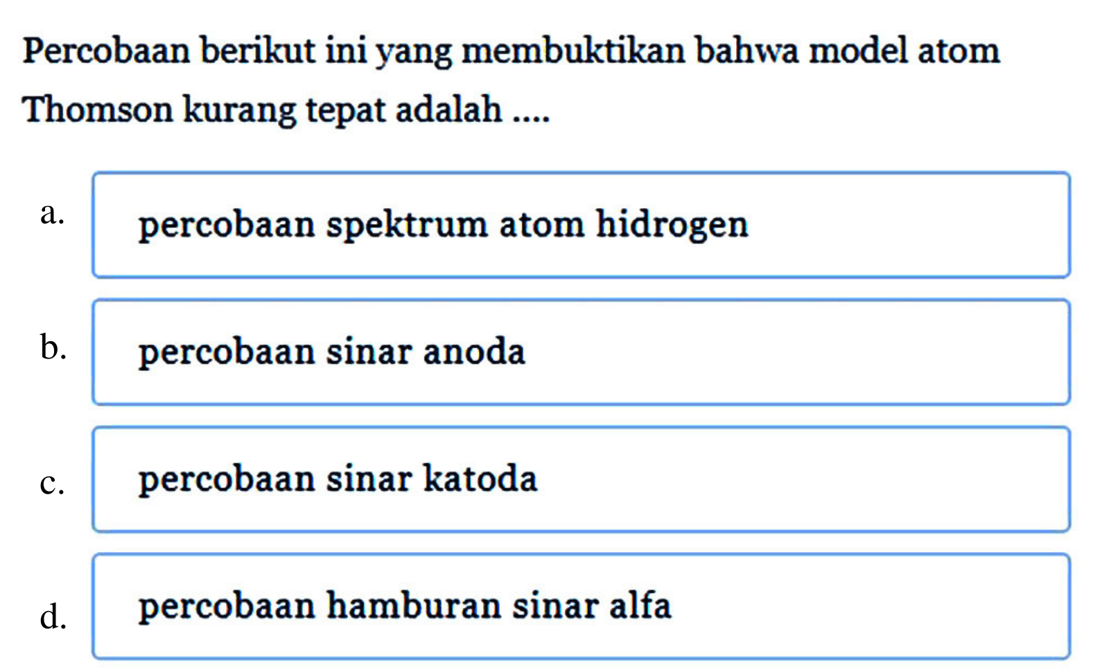 Percobaan berikut ini yang membuktikan bahwa model atom Thomson kurang tepat adalah ....
a. percobaan spektrum atom hidrogen
b. percobaan sinar anoda
c. percobaan sinar katoda
d. percobaan hamburan sinar alfa