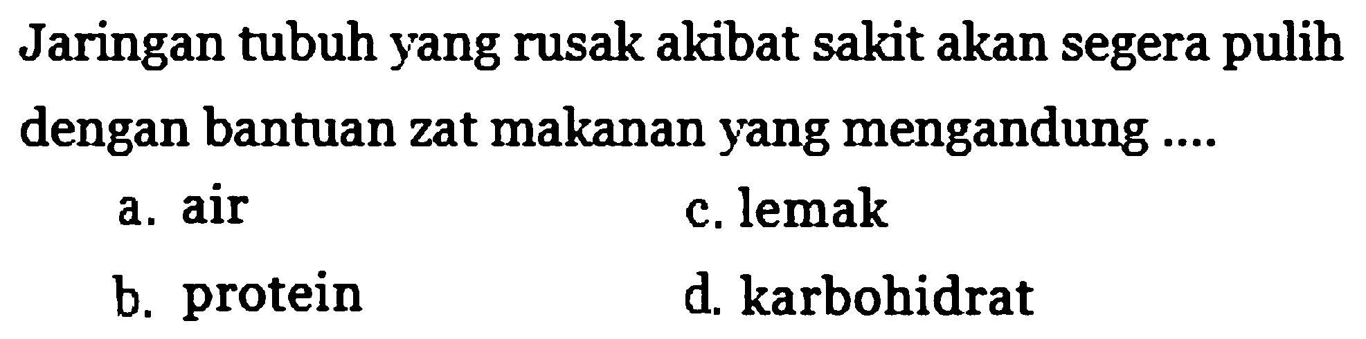 Jaringan tubuh yang rusak akibat sakit akan segera pulih dengan bantuan zat makanan yang mengandung...