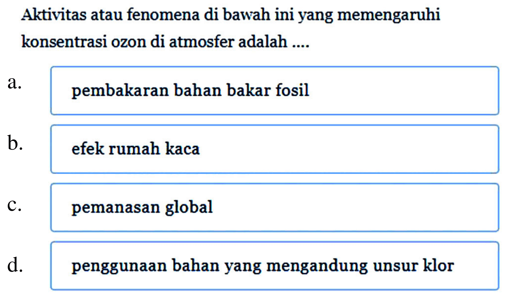 Aktivitas atau fenomena di bawah ini yang memengaruhi konsentrasi ozon di atmosfer adalah .... 
a. pembakaran bahan bakar fosil 
b. efek rumah kaca 
c. pemanasan global 
d. penggunaan bahan yang mengandung unsur klor