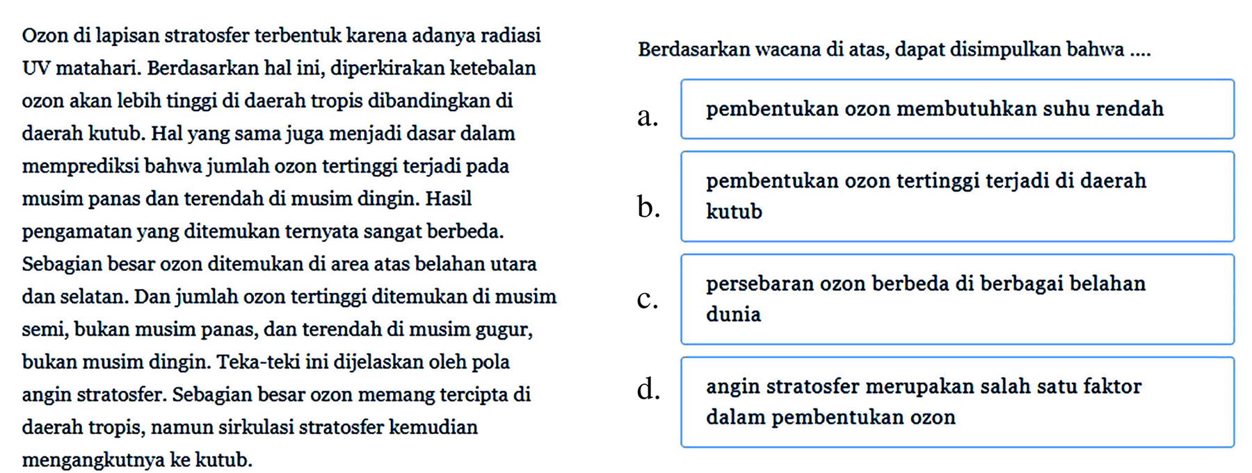 Ozon di lapisan stratosfer terbentuk karena adanya radiasi UV matahari. Berdasarkan hal ini, diperkirakan ketebalan ozon akan lebih tinggi di daerah tropis dibandingkan di daerah kutub. Hal yang sama juga menjadi dasar dalam memprediksi bahwa jumlah ozon tertinggi terjadi pada musim panas dan terendah di musim dingin. Hasil pengamatan yang ditemukan ternyata sangat berbeda. Sebagian besar ozon ditemukan di area atas belahan utara dan selatan. Dan jumlah ozon tertinggi ditemukan di musim semi, bukan musim panas, dan terendah di musim gugur, bukan musim dingin. Teka-teki ini dijelaskan oleh pola angin stratosfer. Sebagian besar ozon memang tercipta si daerah tropis, namun sirkulasi stratosfer kemudian mengangkutnya ke kutub. 
Berdasarkan wacana di atas, dapat disimpulkan bahwa .....