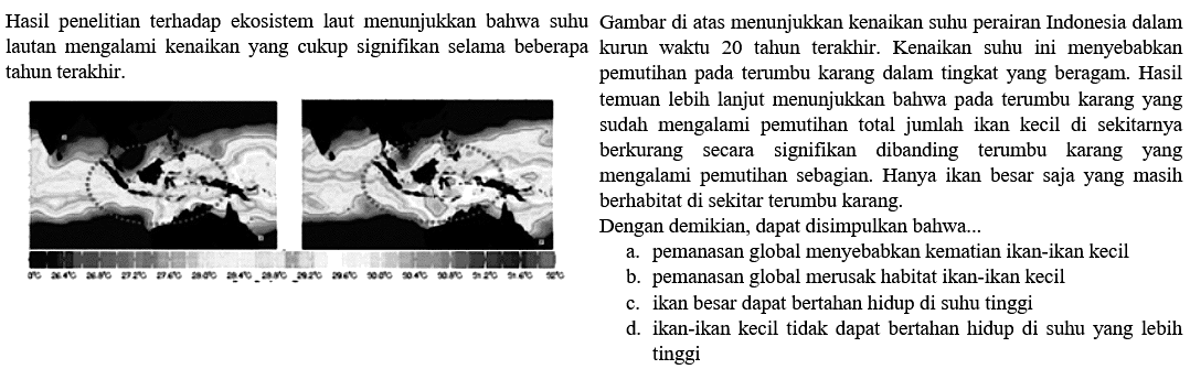 Hasil penelitian terhadap ekosistem laut menunjukkan bahwa suhu lautan mengalami kenaikkan yang cukup signifikan selama beberapa tahun terakhir. 
Gambar di atas menunjukkan kenaikan suhu perairan Indonesia dalam kurun waktu 20 tahun terakhir. Kenaikan suhu ini menyebabkan pemutihan pada terumbu karang dalam tingkat yang beragam. Hasil temuan lebih lanjut menunjukkan bahwa pada terumbu karang yang sudah mengalami pemutihan total jumlah ikan kecil di sekitarnya berkurang secara signifikan dibanding terumbu karang yang mengalami pemutihan sebagian. Hanya ikan besar saja yang masih berhabitat di sekitar terumbu karang. 
Dengan demikian, dapat disimpulkan bahwa...