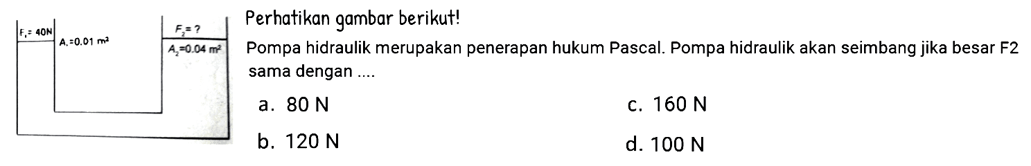 F1 = 40 N A1 = 0,01 m^2 
F2 = ? A2 = 0,04 m^2 
Perhatikan gambar berikut! Pompa hidraulik merupakan penerapan hukum Pascal. Pompa hidraulik akan seimbang jika besar F2 sama dengan ....