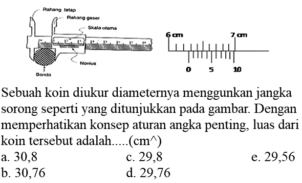 Rahang tetap Rahang geser Skala utama Nonius Benda
6 cm 7 cm 0 5 10
Sebuah koin diukur diameternya menggunkan jangka sorong seperti yang ditunjukkan pada gambar. Dengan memperhatikan konsep aturan angka penting, luas dari koin tersebut adalah..... (cm^) 
