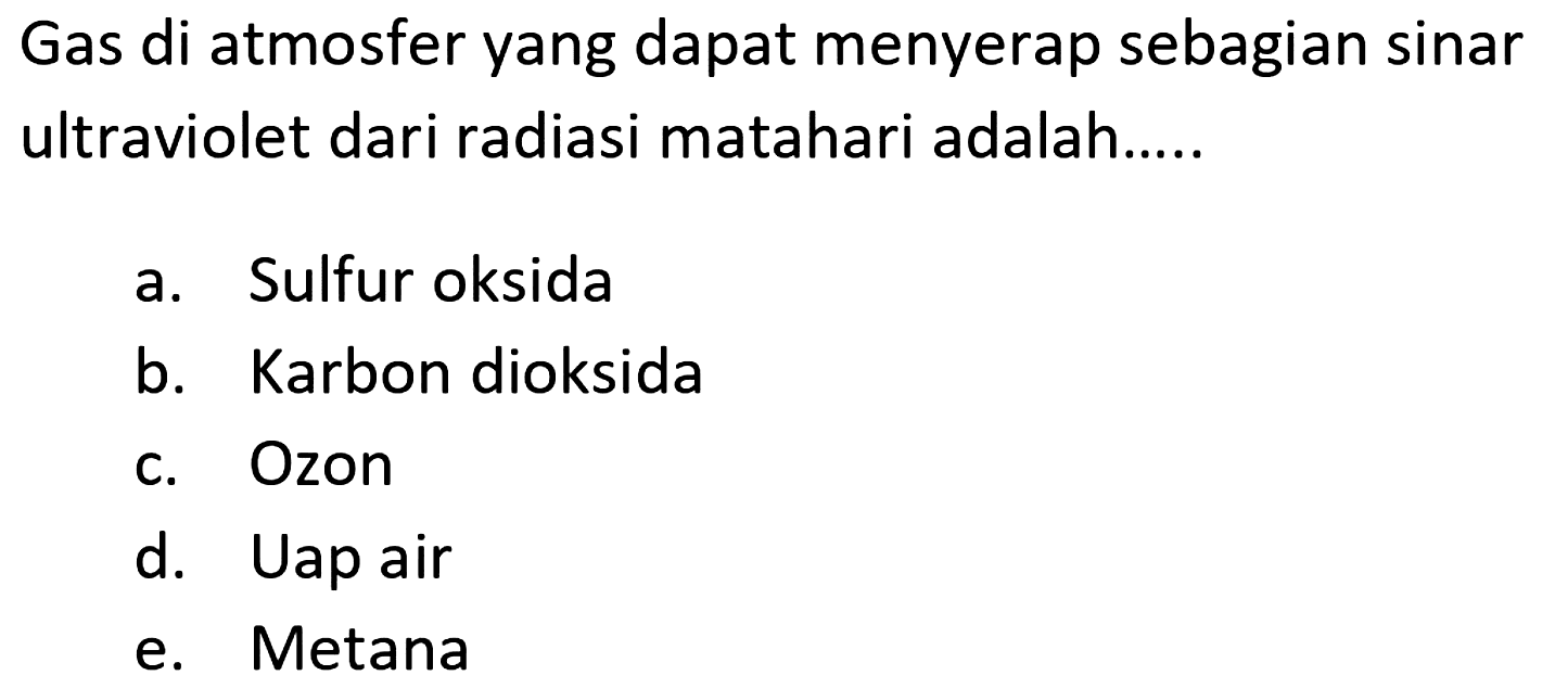 Gas di atmosfer yang dapat menyerap sebagian sinar ultraviolet dari radiasi matahari adalah.....
