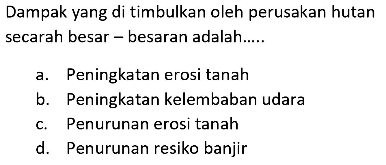 Dampak yang di timbulkan oleh perusakan hutan secarah besar - besaran adalah.....
