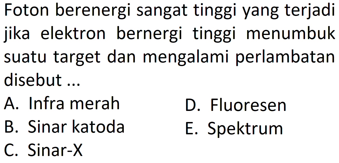 Foton berenergi sangat tinggi yang terjadi jika elektron berenergi tinggi menumbuk suatu target dan mengalami perlambatan disebut ...