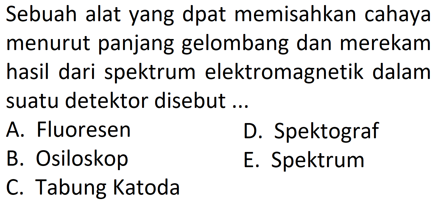 Sebuah alat yang dpat memisahkan cahaya menurut panjang gelombang dan merekam hasil dari spektrum elektromagnetik dalam suatu detektor disebut ...