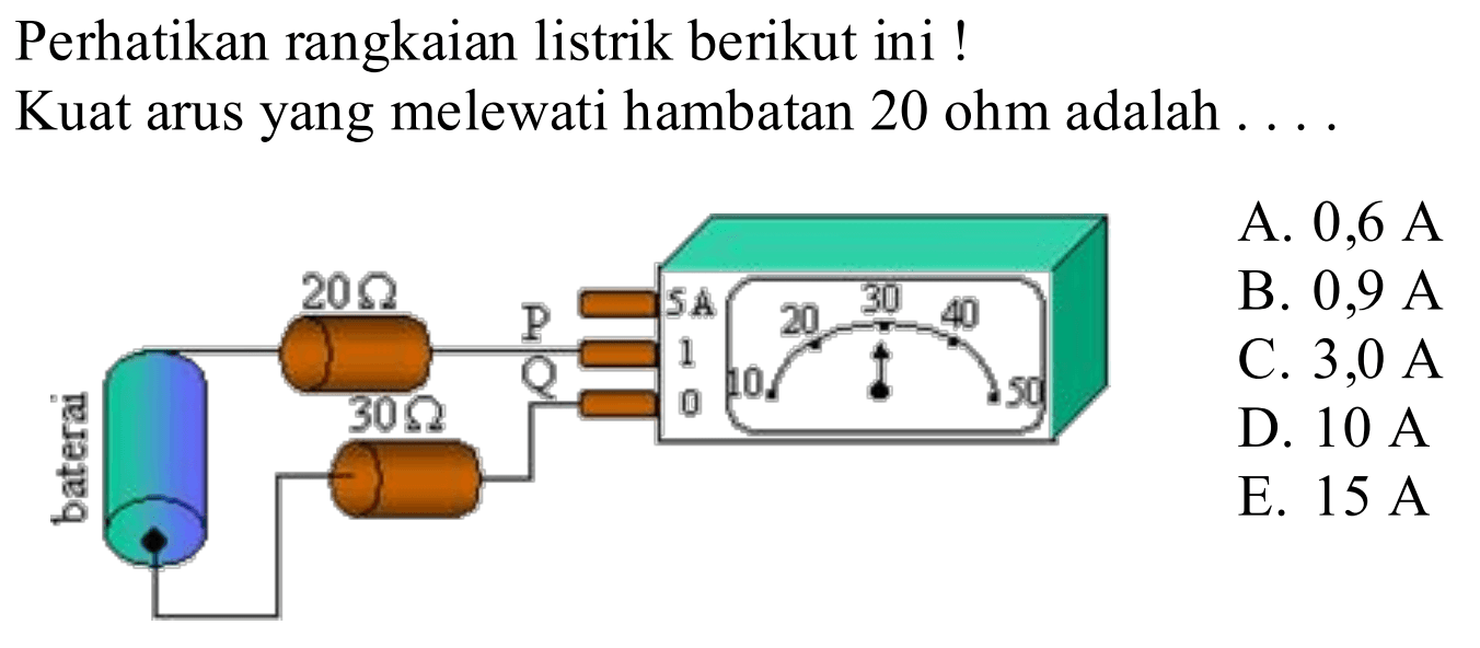 Perhatikan rangkaian listrik berikut ini !Kuat arus yang melewati hambatan 20 ohm adalah .... baterai 20 Ohm 30 Ohm P Q 5 A 1 0 30 A. 0,6 A B. 0,9 A C. 3,0 A D. 10 A E. 15 A