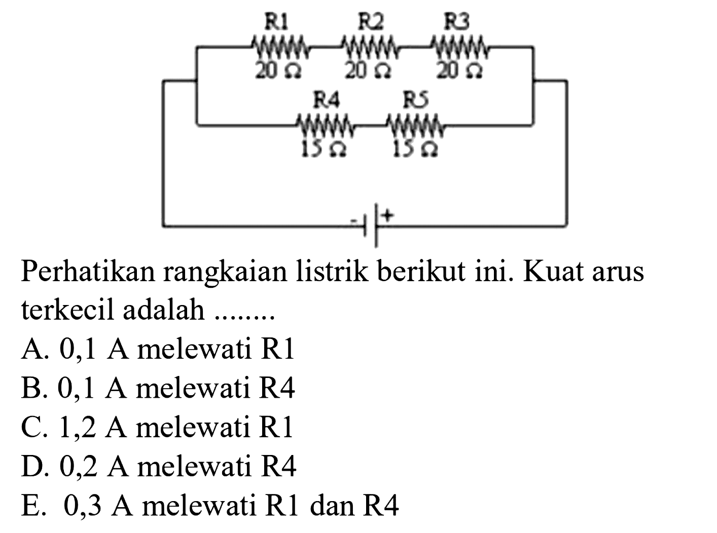 R1 R2 R3 20 Ohm 20 Ohm 20 Ohm R4 R5 15 Ohm 15 Ohm 
Perhatikan rangkaian listrik berikut ini. Kuat arus terkecil adalah 
A. 0,1 A melewati R1 
B. 0,1 A melewati R4 
C. 1,2 A melewati R1 
D. 0,2 A melewati R4 
E. 0,3 A melewati R1 dan R4 