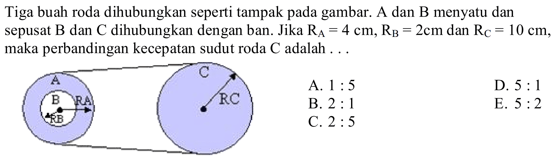 Tiga buah roda dihubungkan seperti tampak pada gambar. A dan B menyatu dan sepusat  B  dan  C  dihubungkan dengan ban. Jika  RA=4 cm, RB=2 cm  dan  RC=10 cm , maka perbandingan kecepatan sudut roda  C  adalah  ... 