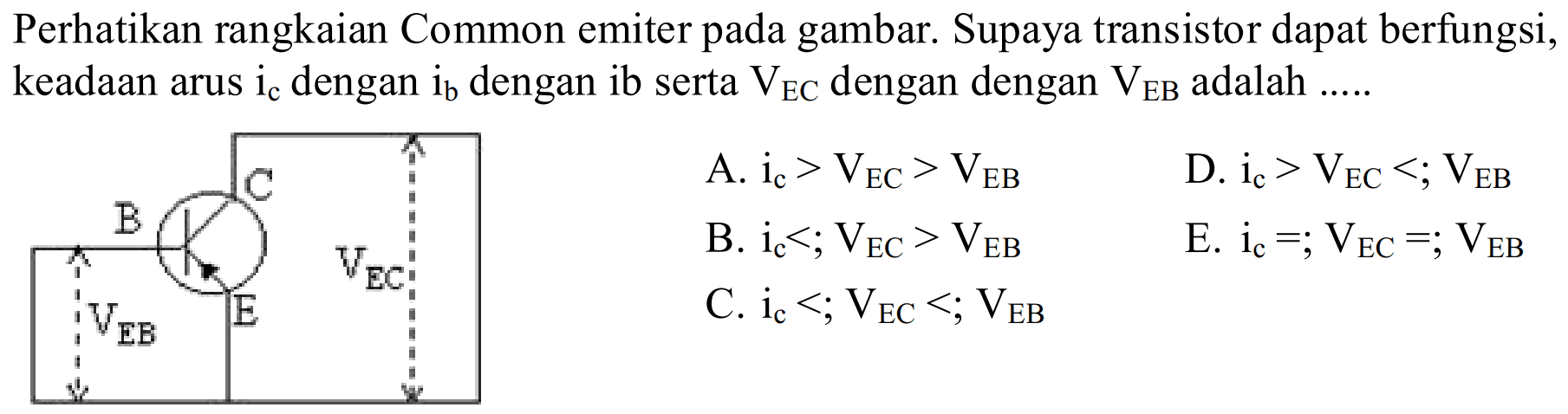 Perhatikan rangkaian Common emiter pada gambar. Supaya transistor dapat berfungsi, keadaan arus i c dengan i b dengan ib serta V EC dengan V EB adalah ..... B C E V EB V EC 
A. i c>V EC>V EB D. i c>V EC<; V EB B. i c<; V EC>V EB E. i c=; V EC=; V EB C. i c<; V EC<; V EB