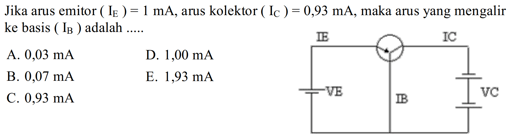 Jika arus emitor (I E)=1 mA, arus kolektor (I C)=0,93 mA, maka arus yang mengalir ke basis (I B) adalah ..... IE IC VE IB VC 