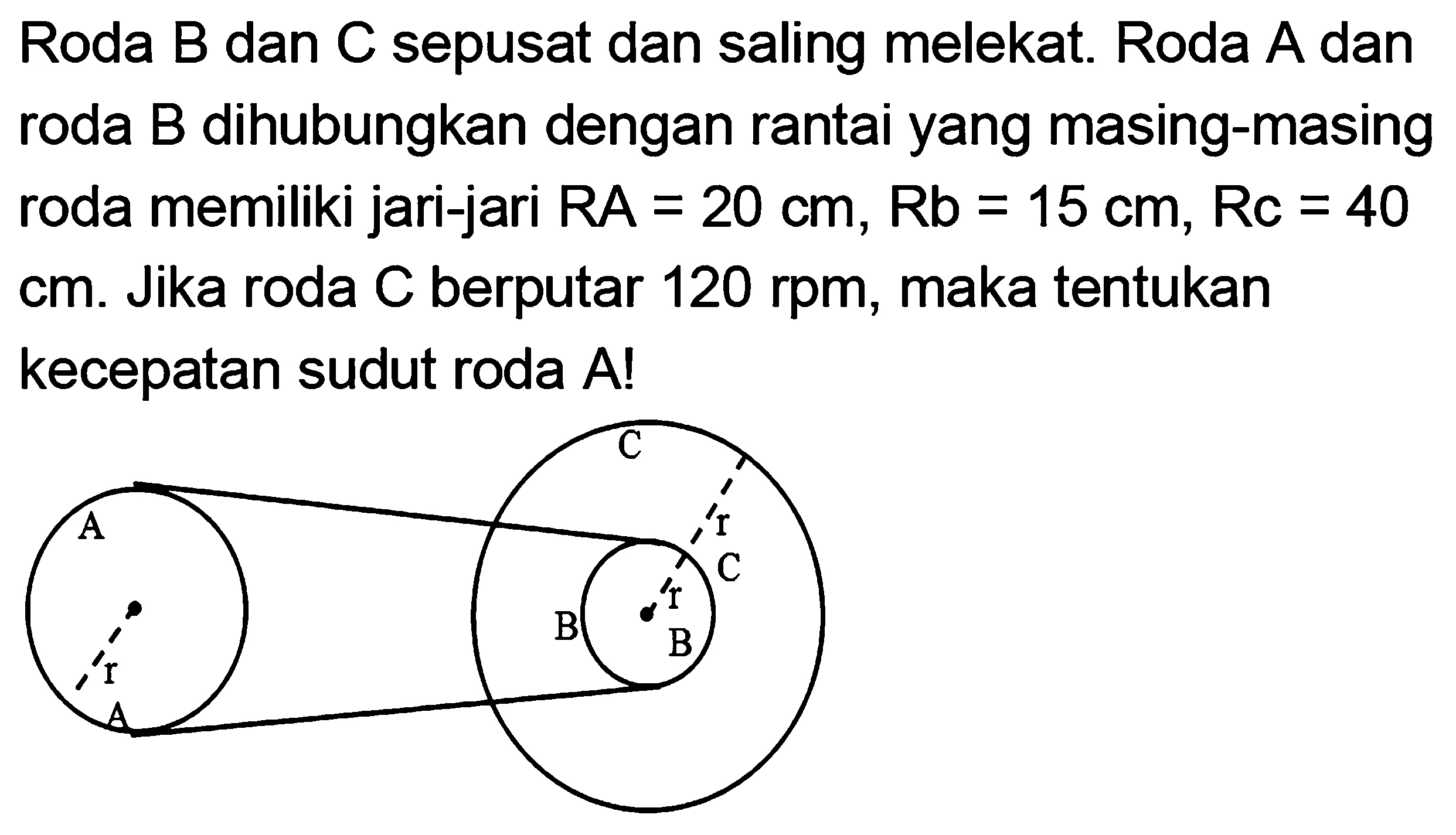 Roda B dan C sepusat dan saling melekat. Roda A dan roda B dihubungkan dengan rantai yang masing-masing roda memiliki jari-jari RA = 20 cm, Rb = 15 cm, Rc = 40 cm. Jika roda C berputar 120 rpm, maka tentukan kecepatan sudut roda A! C A r C r B B r A